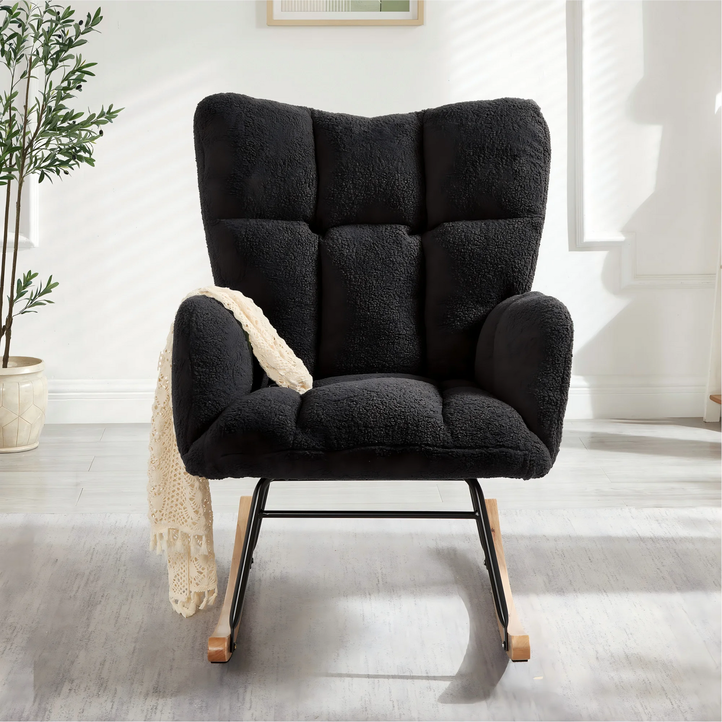 Modern Black Rocking Chair with Wooden Base