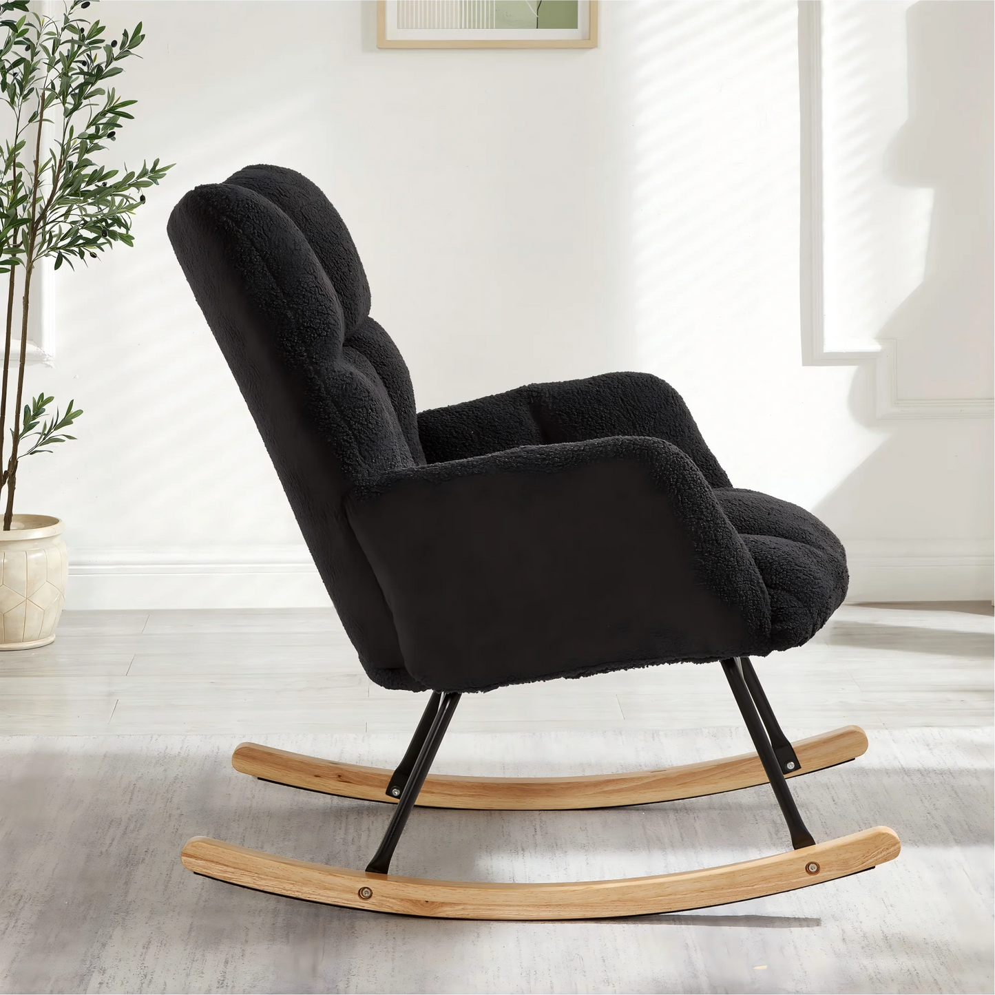 Modern Black Rocking Chair with Wooden Base