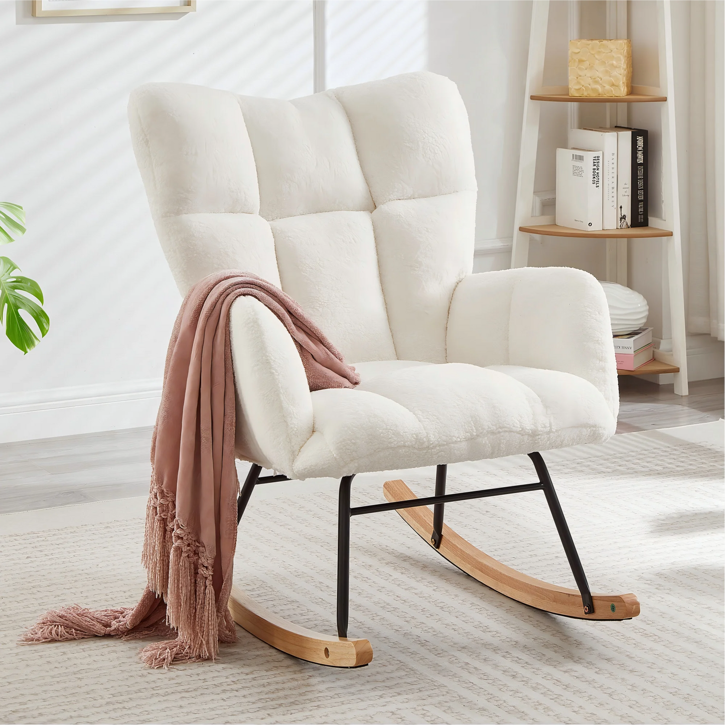 Modern White Rocking Chair with Wooden Base