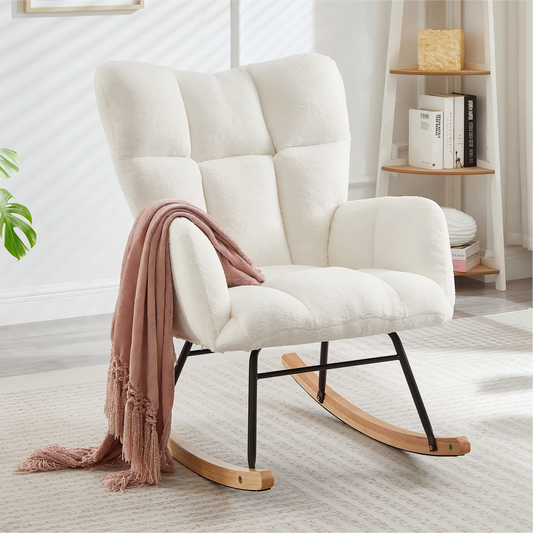 Modern White Rocking Chair with Wooden Base