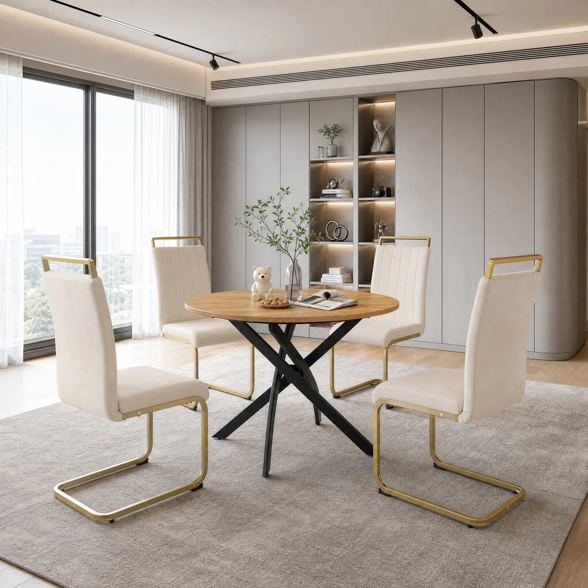 Beige Velvet Cantilever Dining Chairs with Gold Legs(Set of 2)