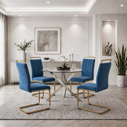 Blue Velvet Cantilever Dining Chairs with Gold Legs(Set of 2)