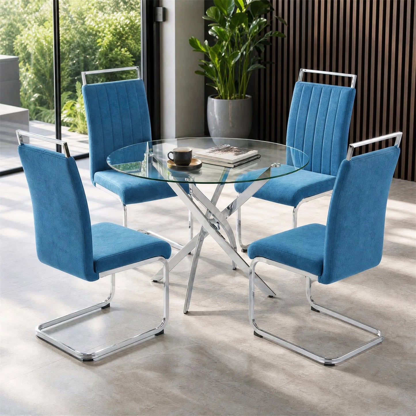 Blue Velvet Cantilever Dining Chairs (Set of 2)