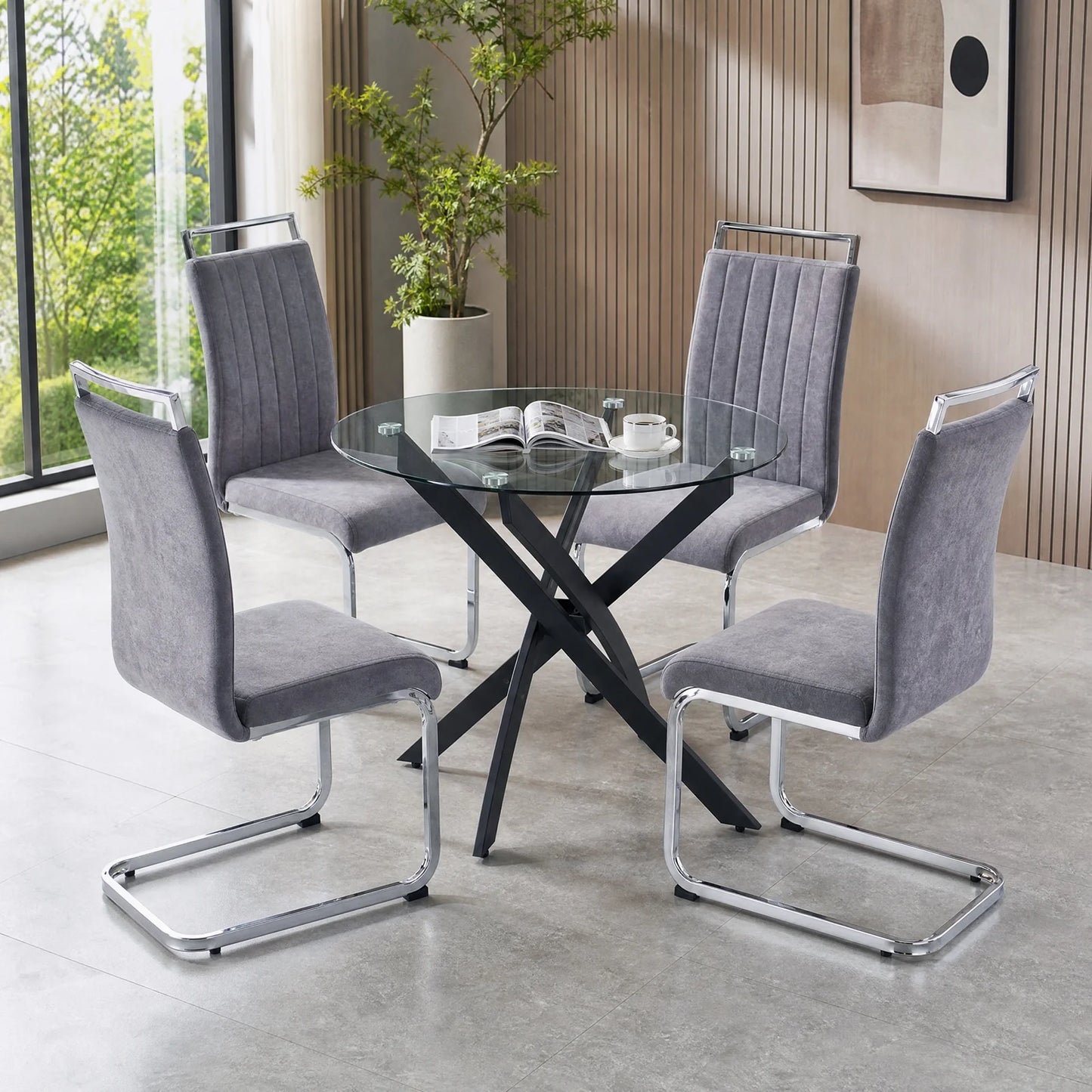 Grey Velvet Cantilever Dining Chairs (Set of 2)