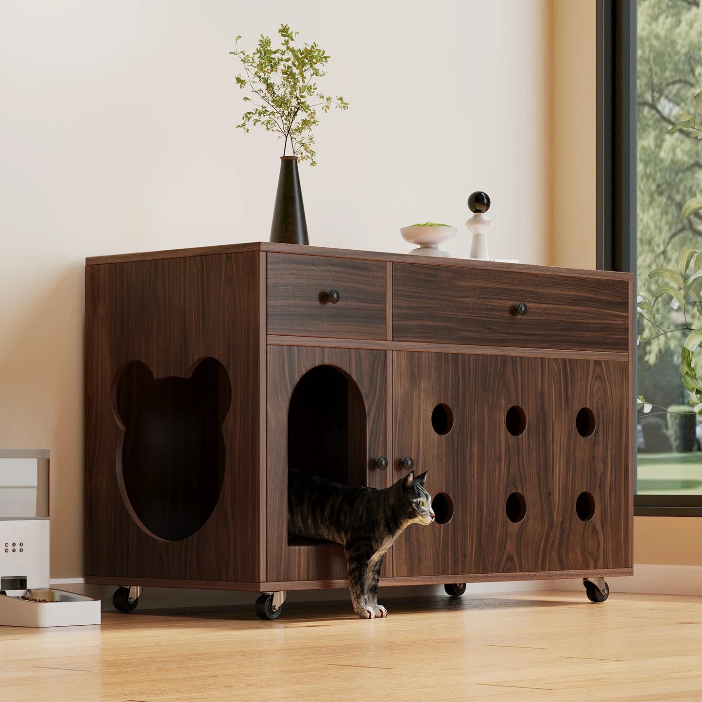 Hidden Cat Litter Box Cabinet with Storage, Walnut Wood Finish, 100cm