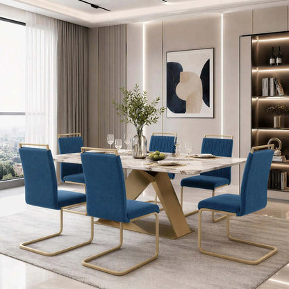 Blue Velvet Cantilever Dining Chairs with Gold Legs(Set of 2)