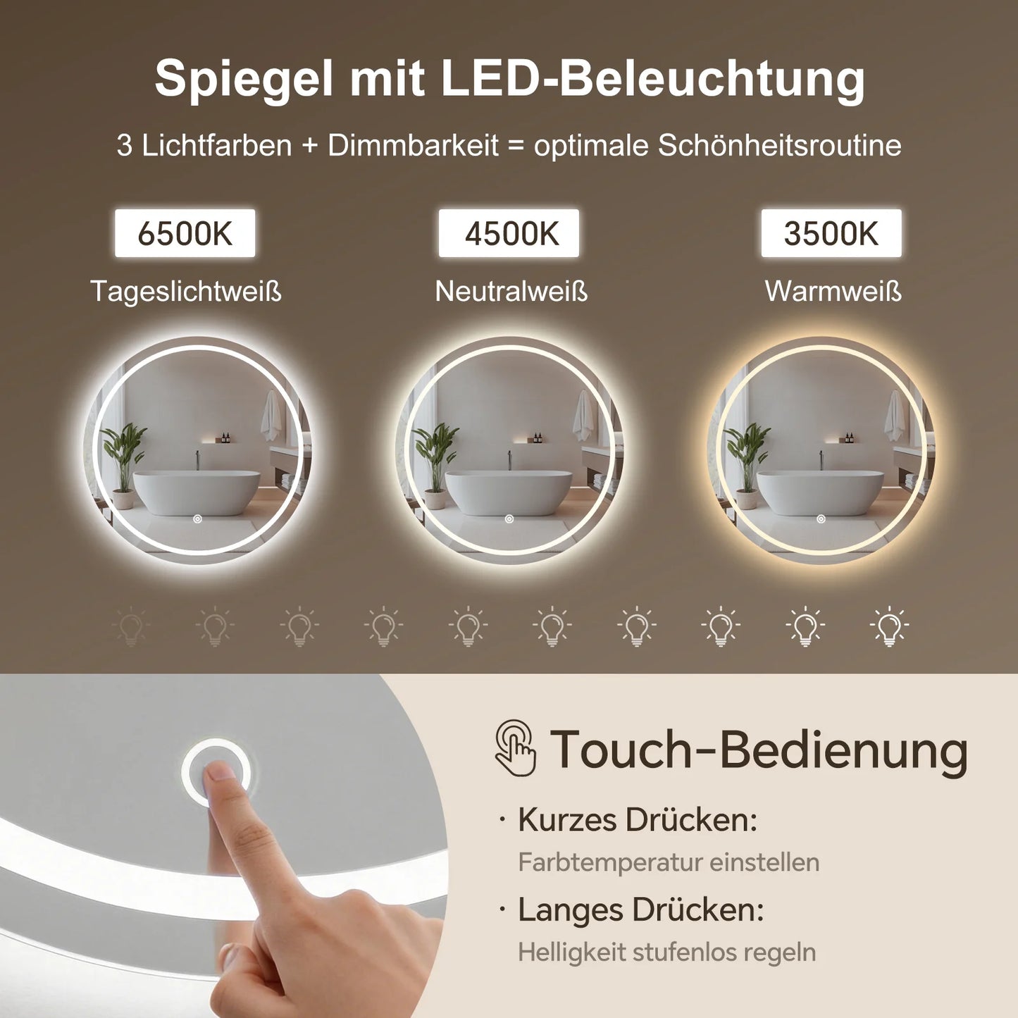 Round Bathroom Mirror with 3 Color Temperature Lights