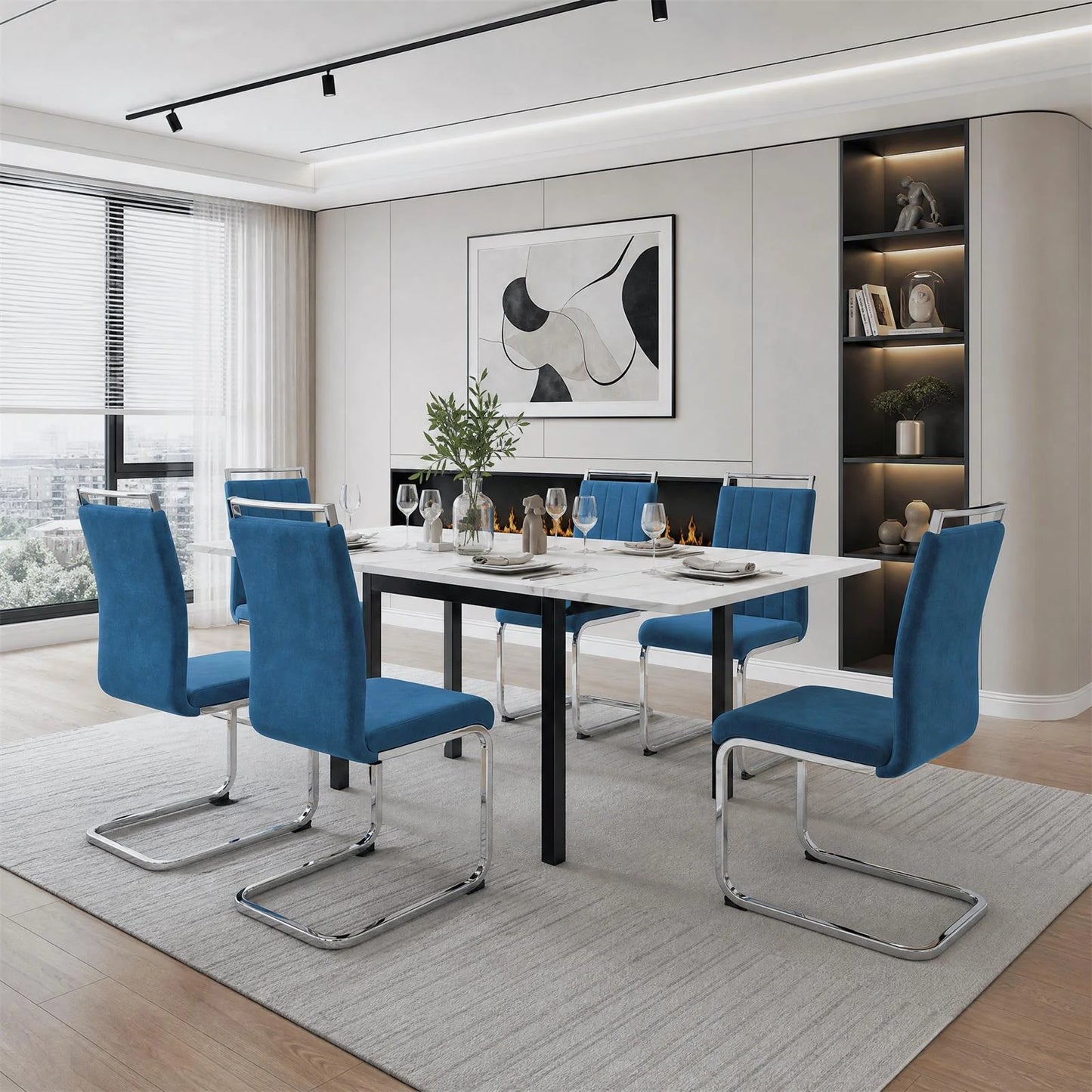 Blue Velvet Cantilever Dining Chairs (Set of 2)