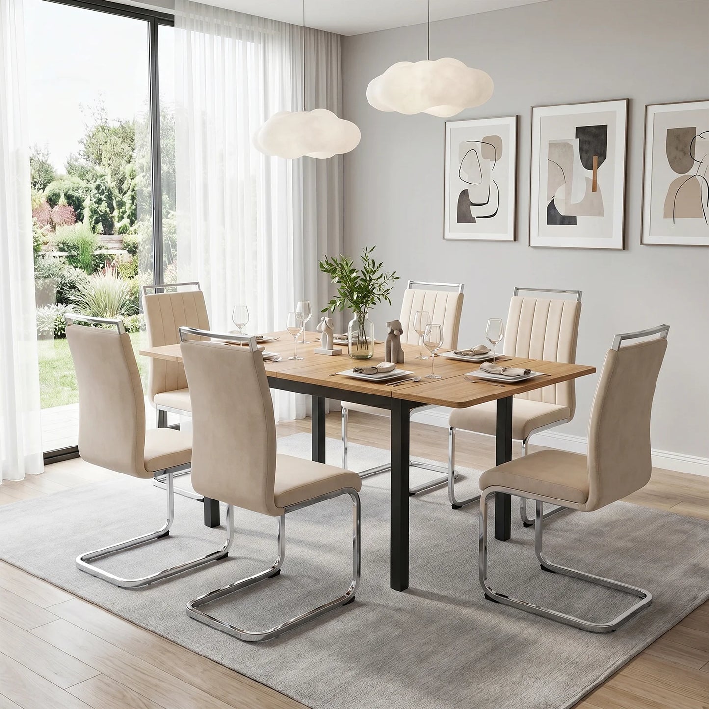 Beige Velvet Cantilever Dining Chairs (Set of 2)