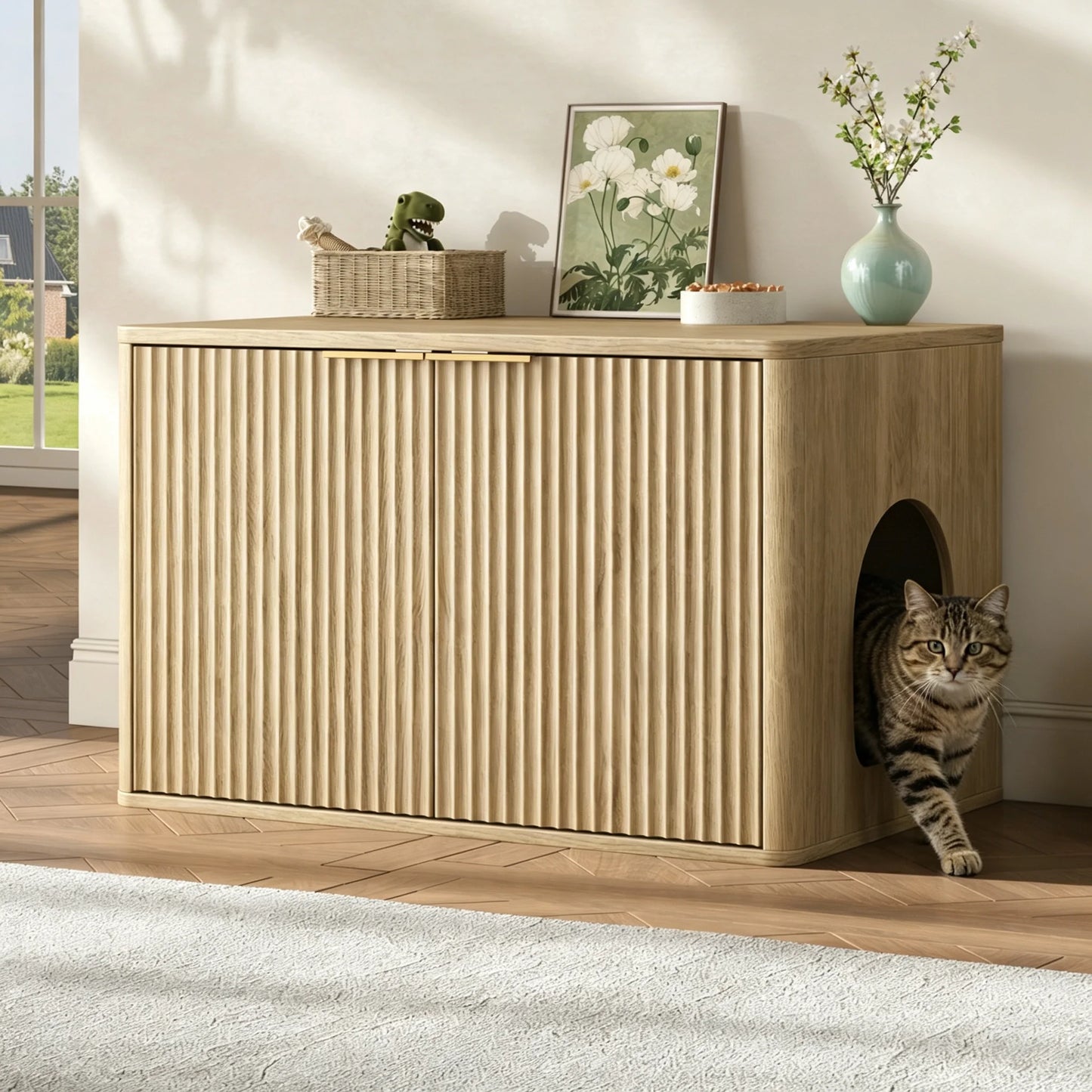Hidden Cat Litter Box Cabinet with Storage, Natural Wood Look