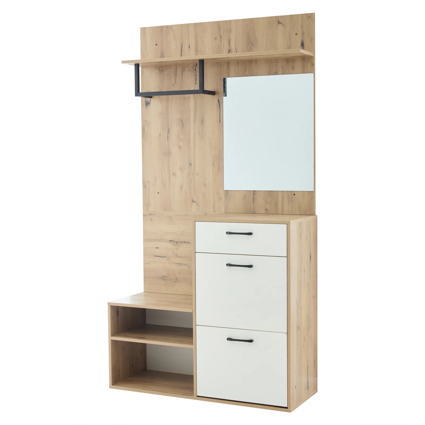 White Wood Hallway Wardrobe Set with Mirror and Shoe Bench
