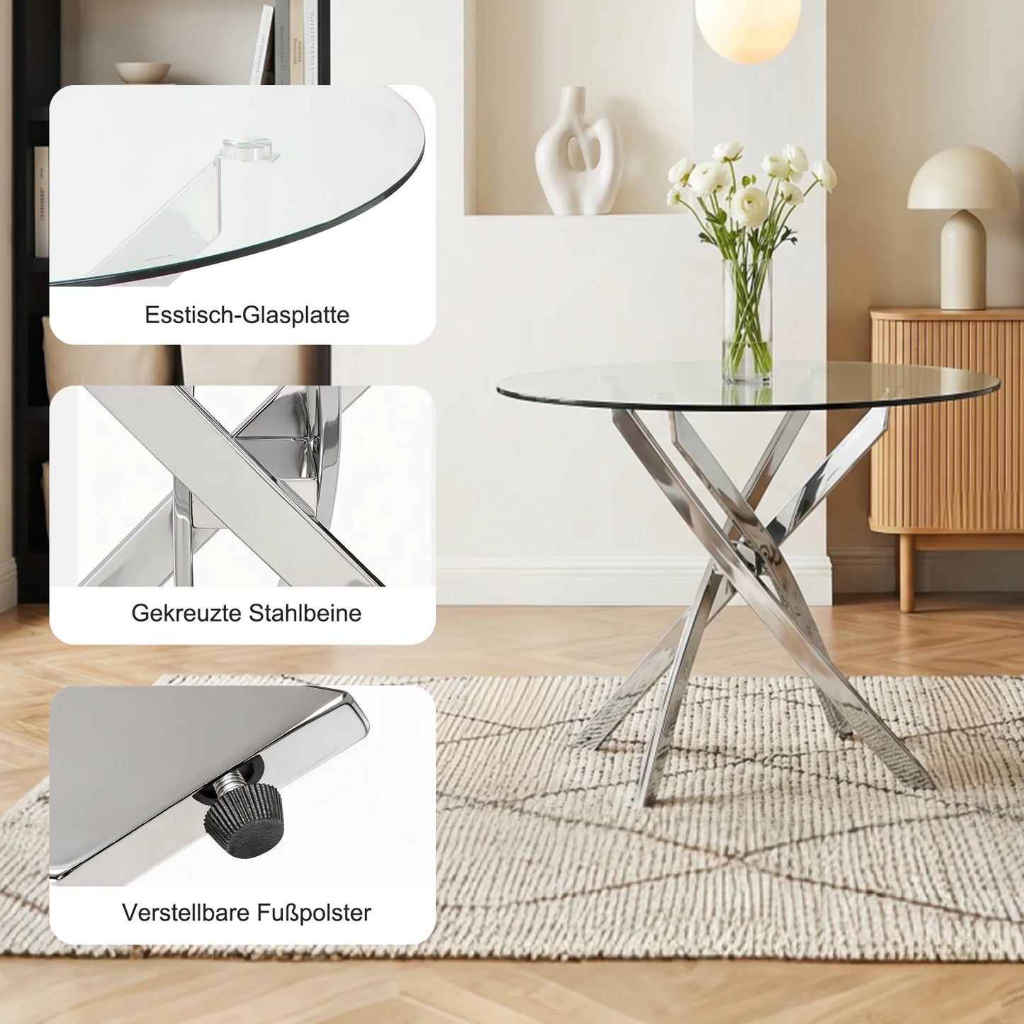 Round Glass Dining Table with Cross Leg Base