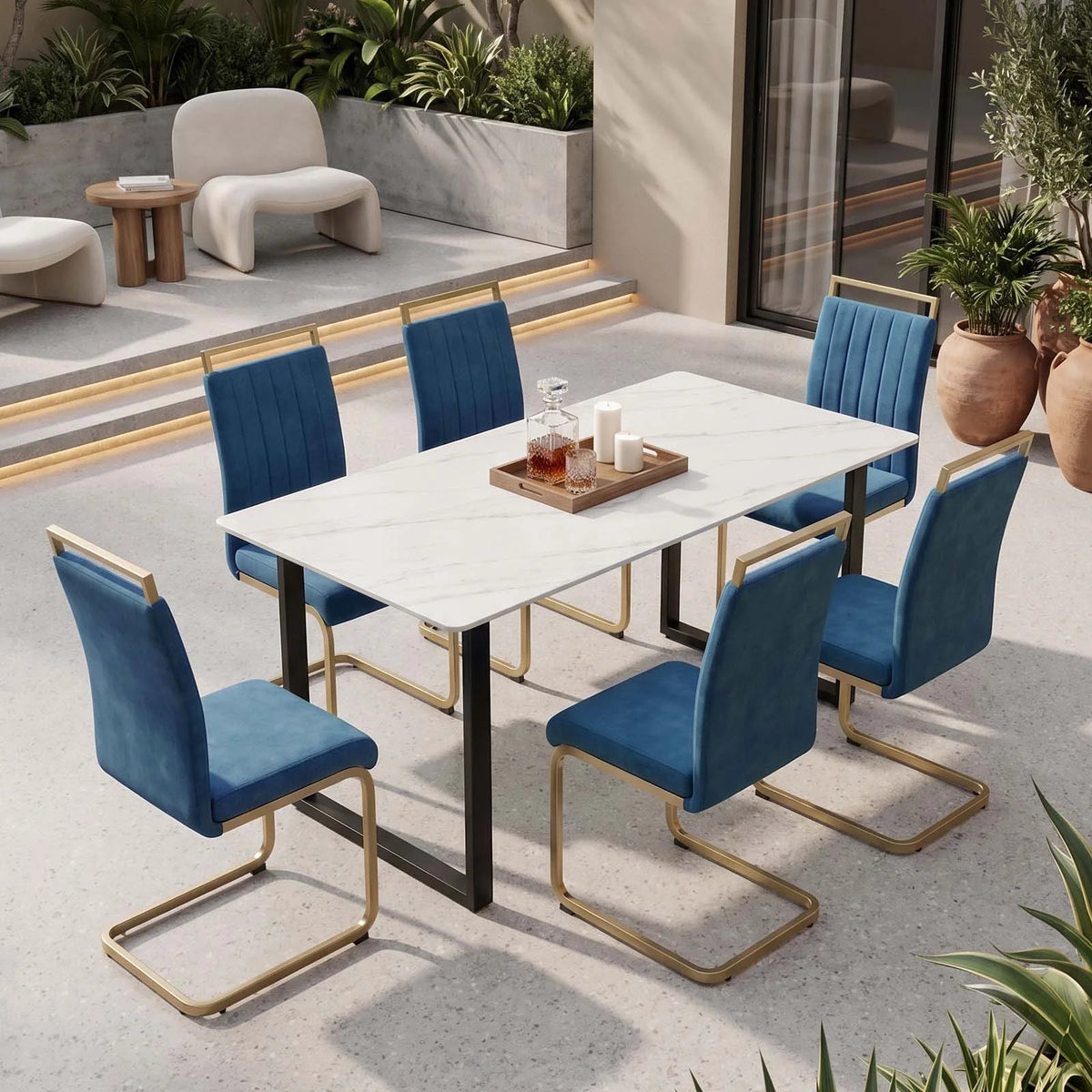 Blue Velvet Cantilever Dining Chairs with Gold Legs(Set of 2)