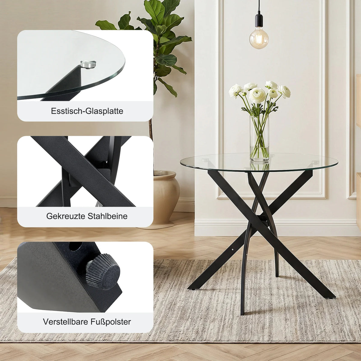 Round Glass Dining Table with  Black Cross Leg Base
