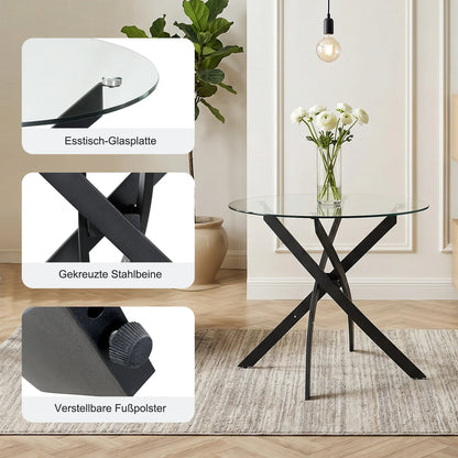 Round Glass Dining Table with  Black Cross Leg Base