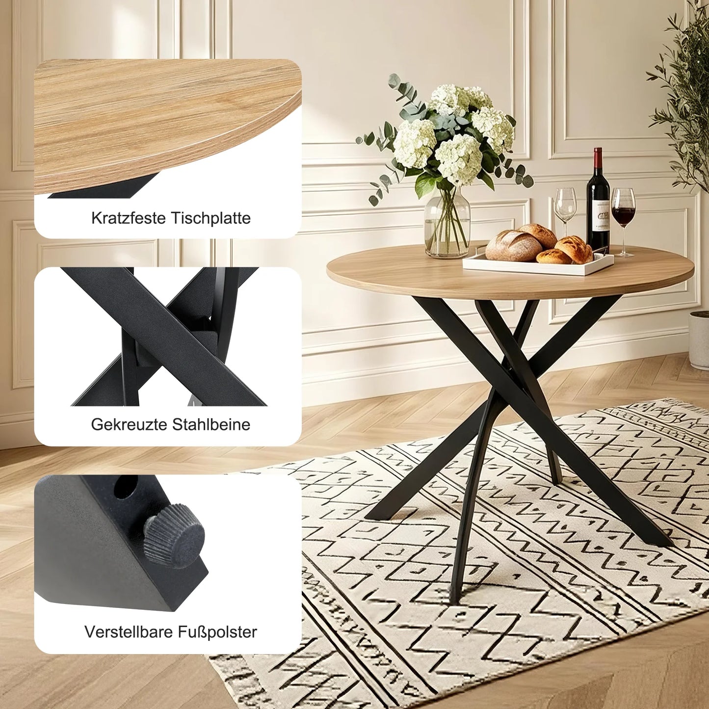 Round Wooden Grain Dining Table with Cross Leg Base