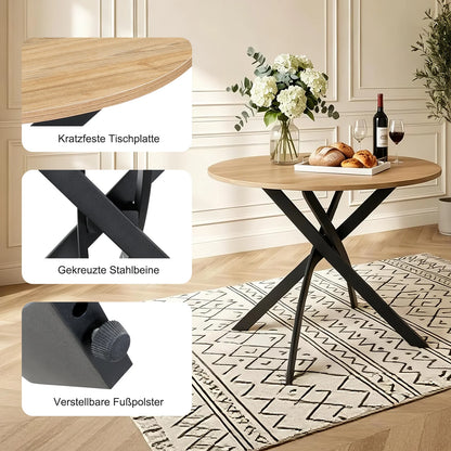 Round Wooden Grain Dining Table with Cross Leg Base