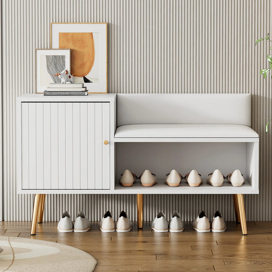 Modern White Shoe Storage Bench with Seat, Backrest & Storage