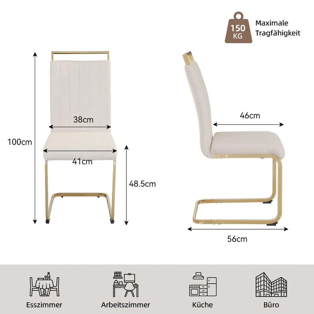 Beige Velvet Cantilever Dining Chairs with Gold Legs(Set of 2)