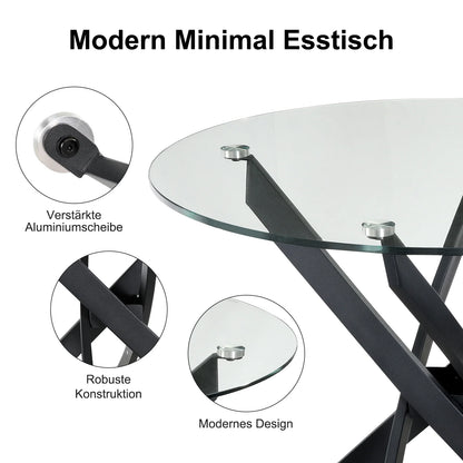 Round Glass Dining Table with  Black Cross Leg Base