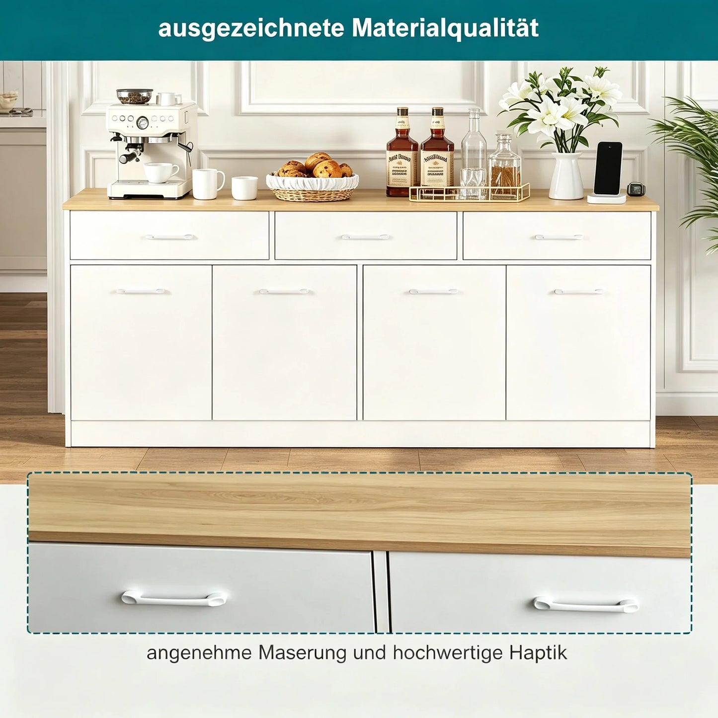 White MDF Kitchen Sideboard with 3 Drawers and Adjustable Shelves