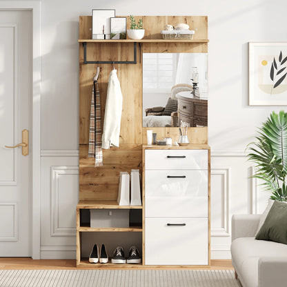 White Wood Hallway Wardrobe Set with Mirror and Shoe Bench