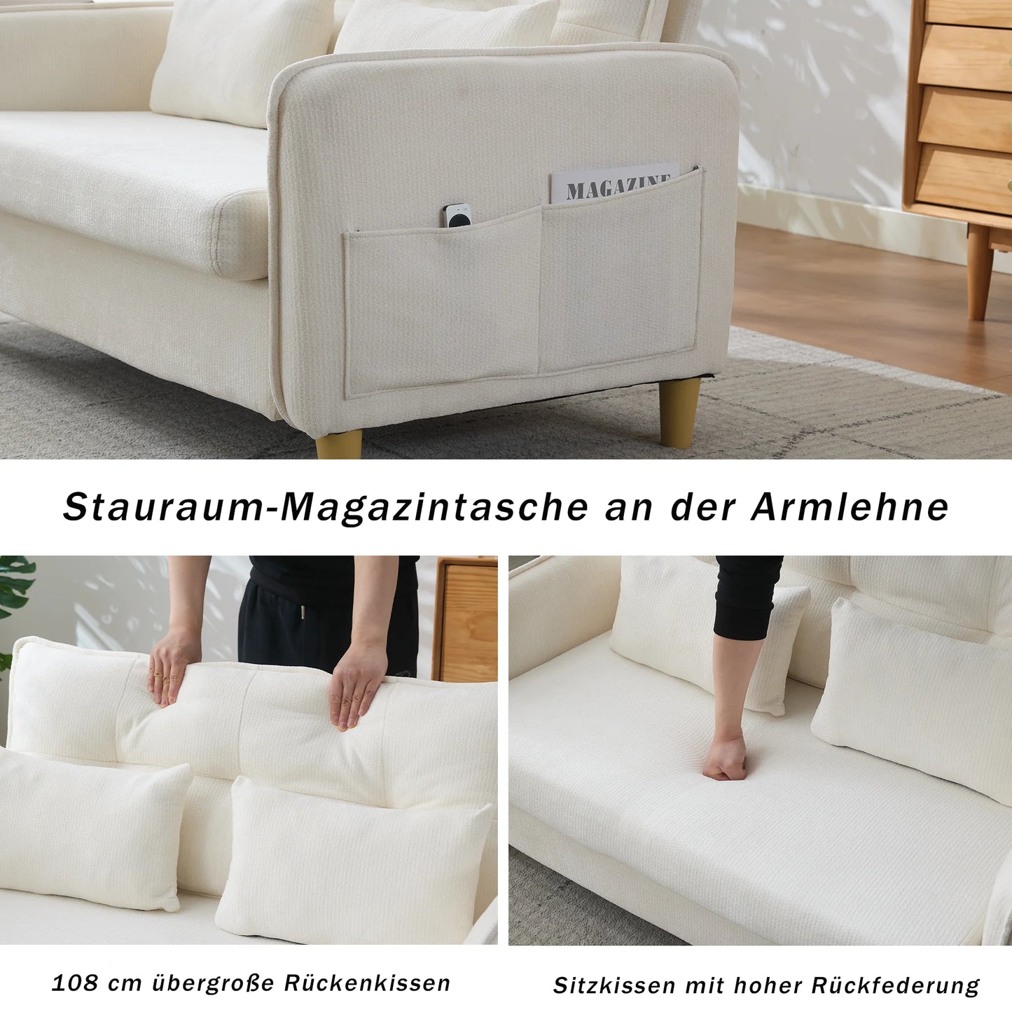 Beige Chenille 2-Seater Sofa with Armrests