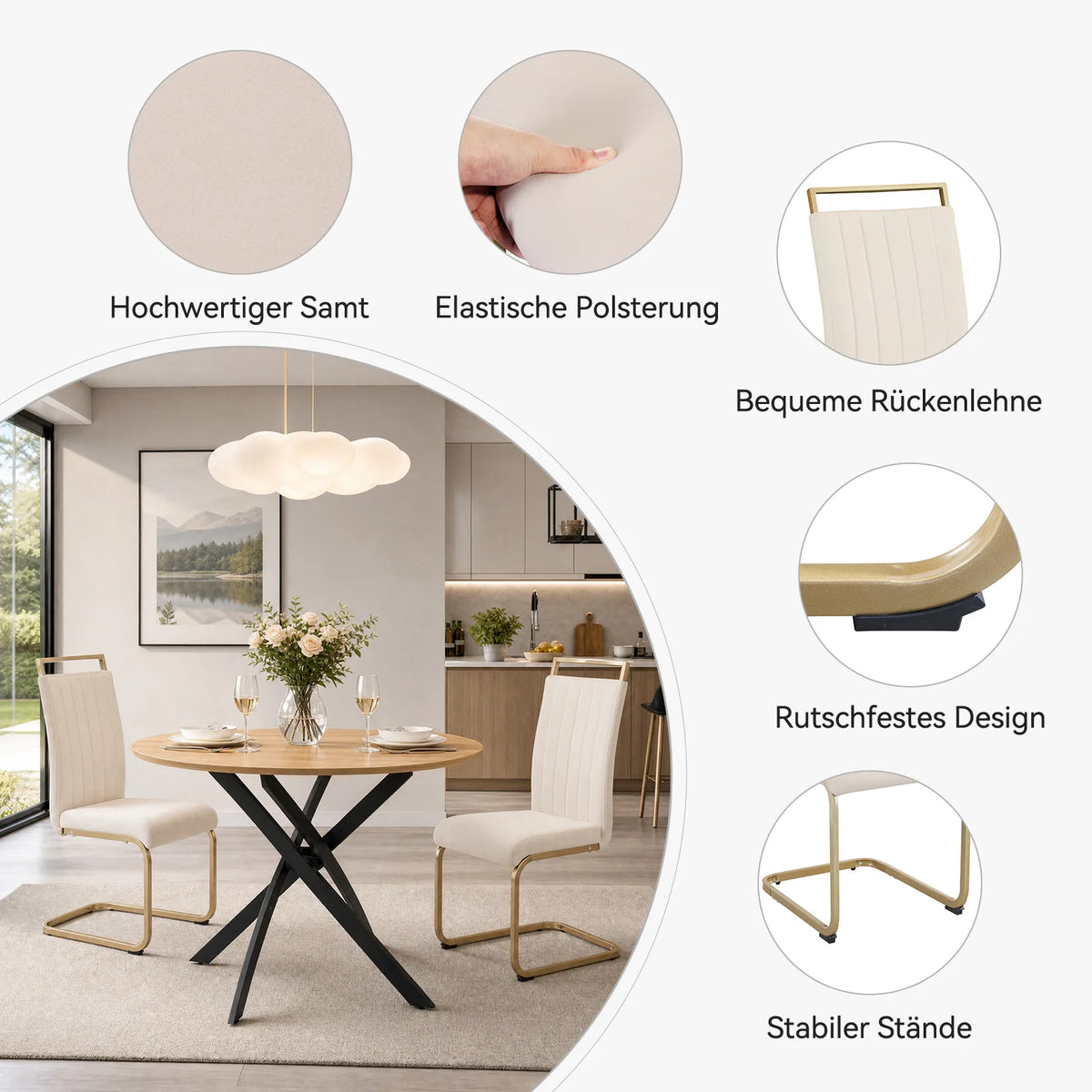 Beige Velvet Cantilever Dining Chairs with Gold Legs(Set of 2)
