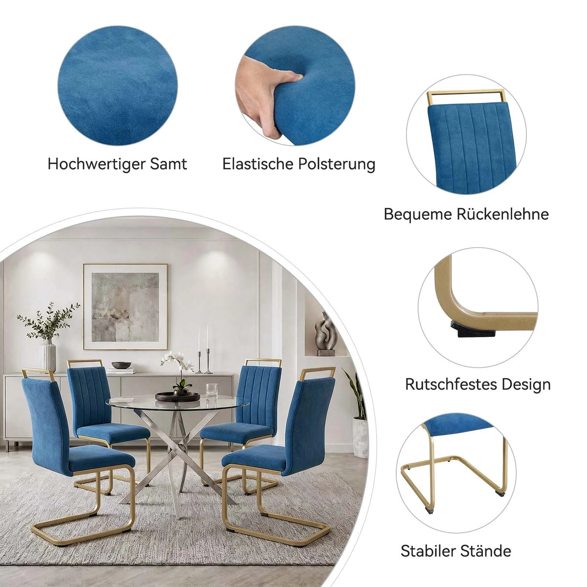 Blue Velvet Cantilever Dining Chairs with Gold Legs(Set of 2)