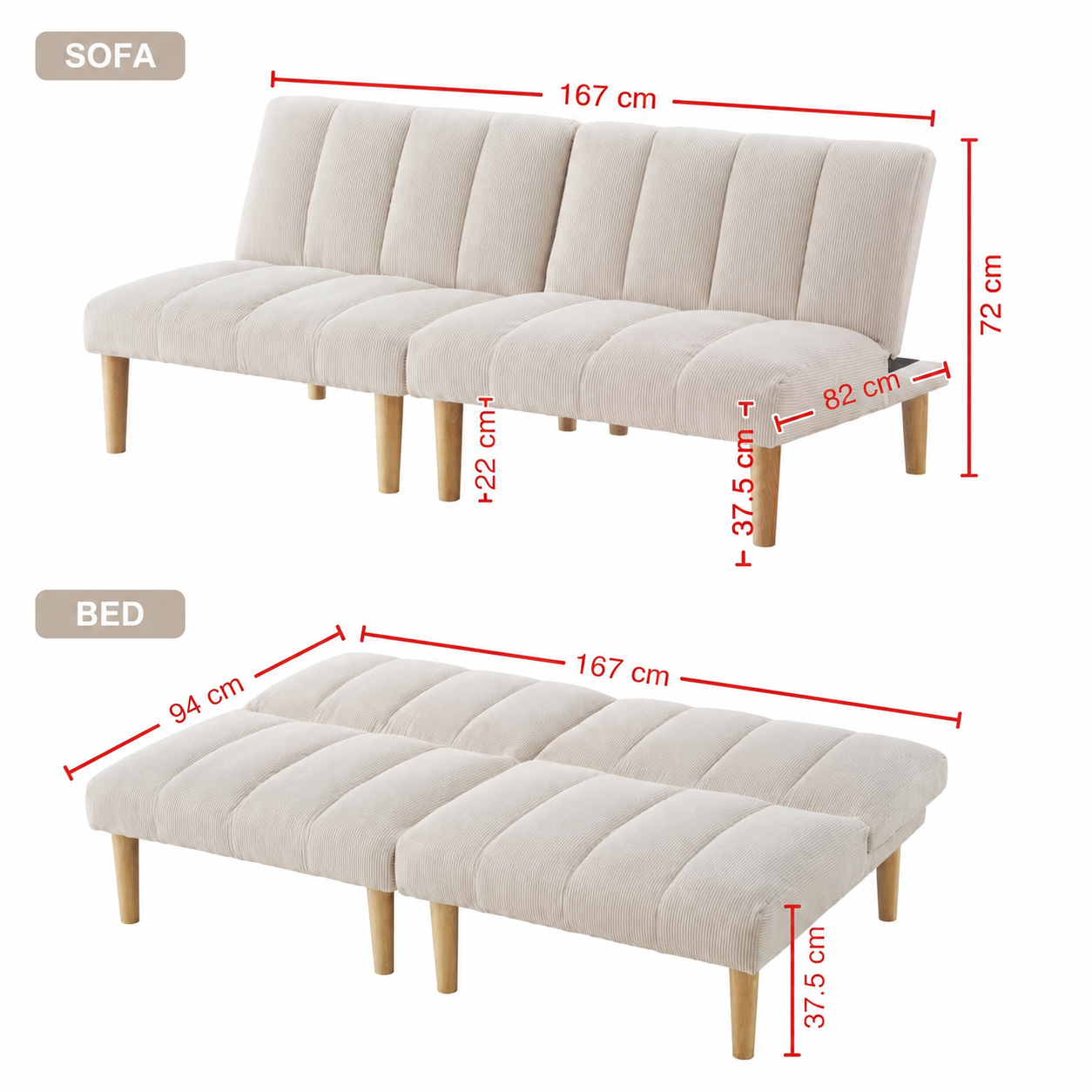 Beige Corduroy 2-Seater Sofa Bed