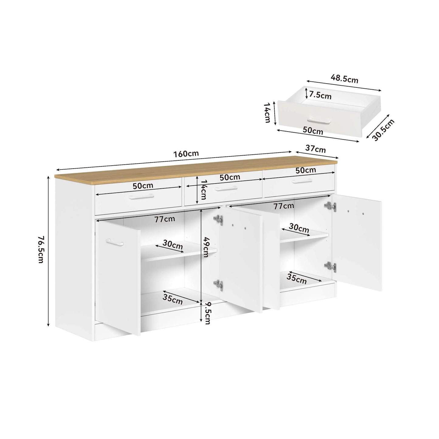 White MDF Kitchen Sideboard with 3 Drawers and Adjustable Shelves