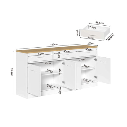 White MDF Kitchen Sideboard with 3 Drawers and Adjustable Shelves