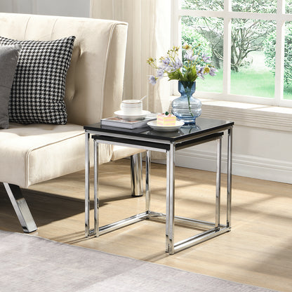 This modern nesting coffee table set features a sleek blake high-gloss finish and a durable metal frame. Its space-saving, detachable design is versatile for any living room, office, or compact space.