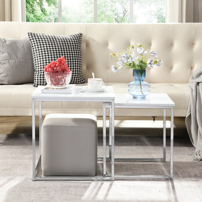 This modern nesting coffee table set features a sleek white high-gloss finish and a durable metal frame. Its space-saving, detachable design is versatile for any living room, office, or compact space.