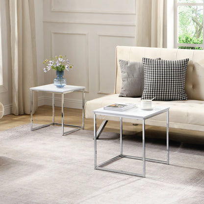 This modern nesting coffee table set features a sleek white high-gloss finish and a durable metal frame. Its space-saving, detachable design is versatile for any living room, office, or compact space.