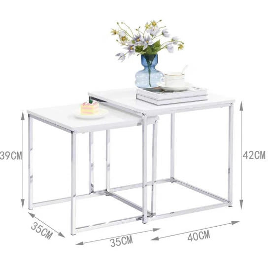This modern nesting coffee table set features a sleek white high-gloss finish and a durable metal frame. Its space-saving, detachable design is versatile for any living room, office, or compact space.