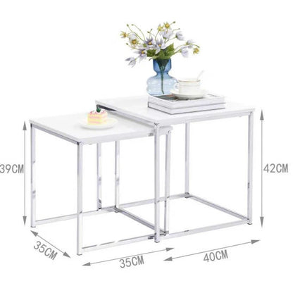 This modern nesting coffee table set features a sleek white high-gloss finish and a durable metal frame. Its space-saving, detachable design is versatile for any living room, office, or compact space.