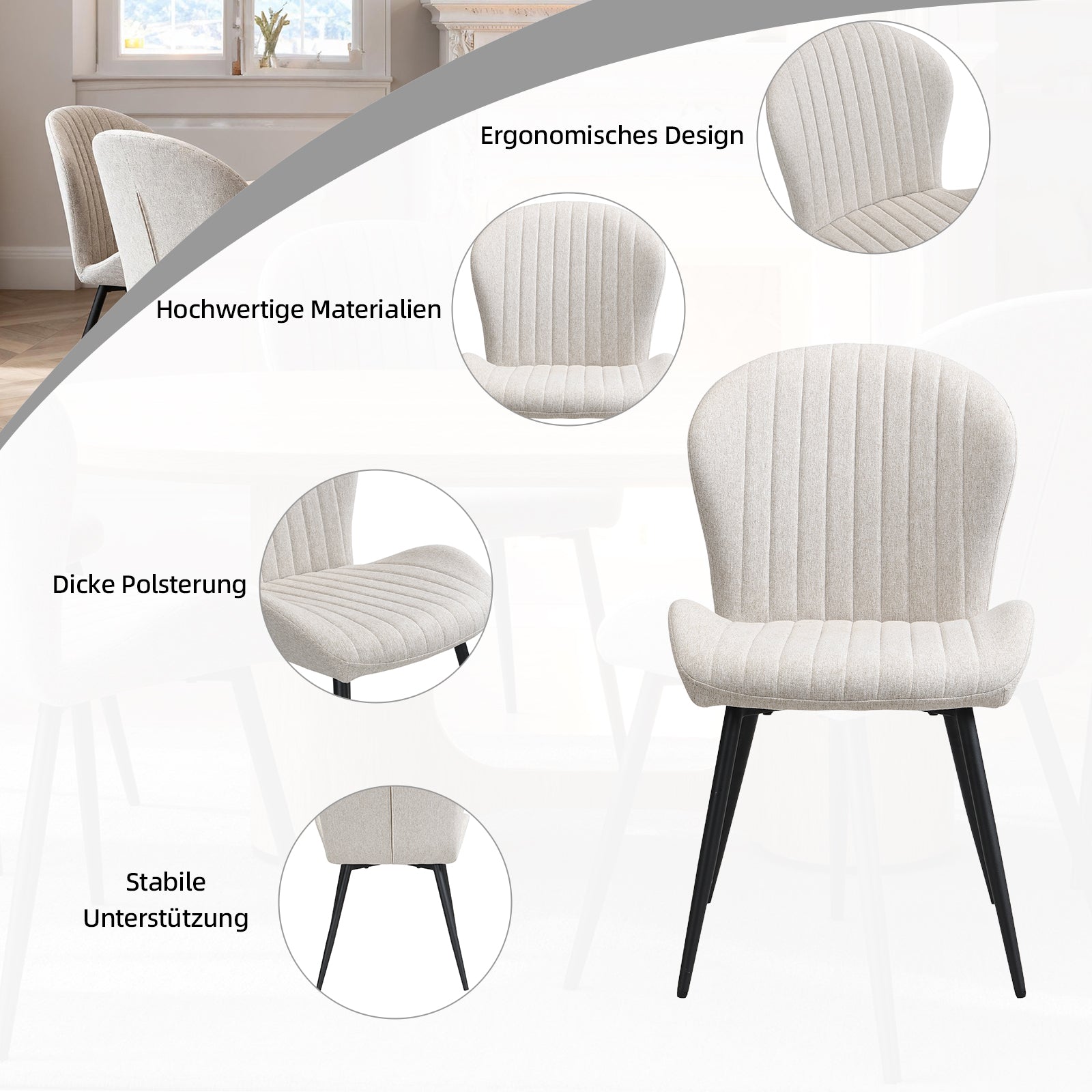 Dining Chairs Set of 2, Modern Dining Room Chairs Comfy Backrest Thick Upholstered Kitchen Chairs with Metal Legs,Beige.