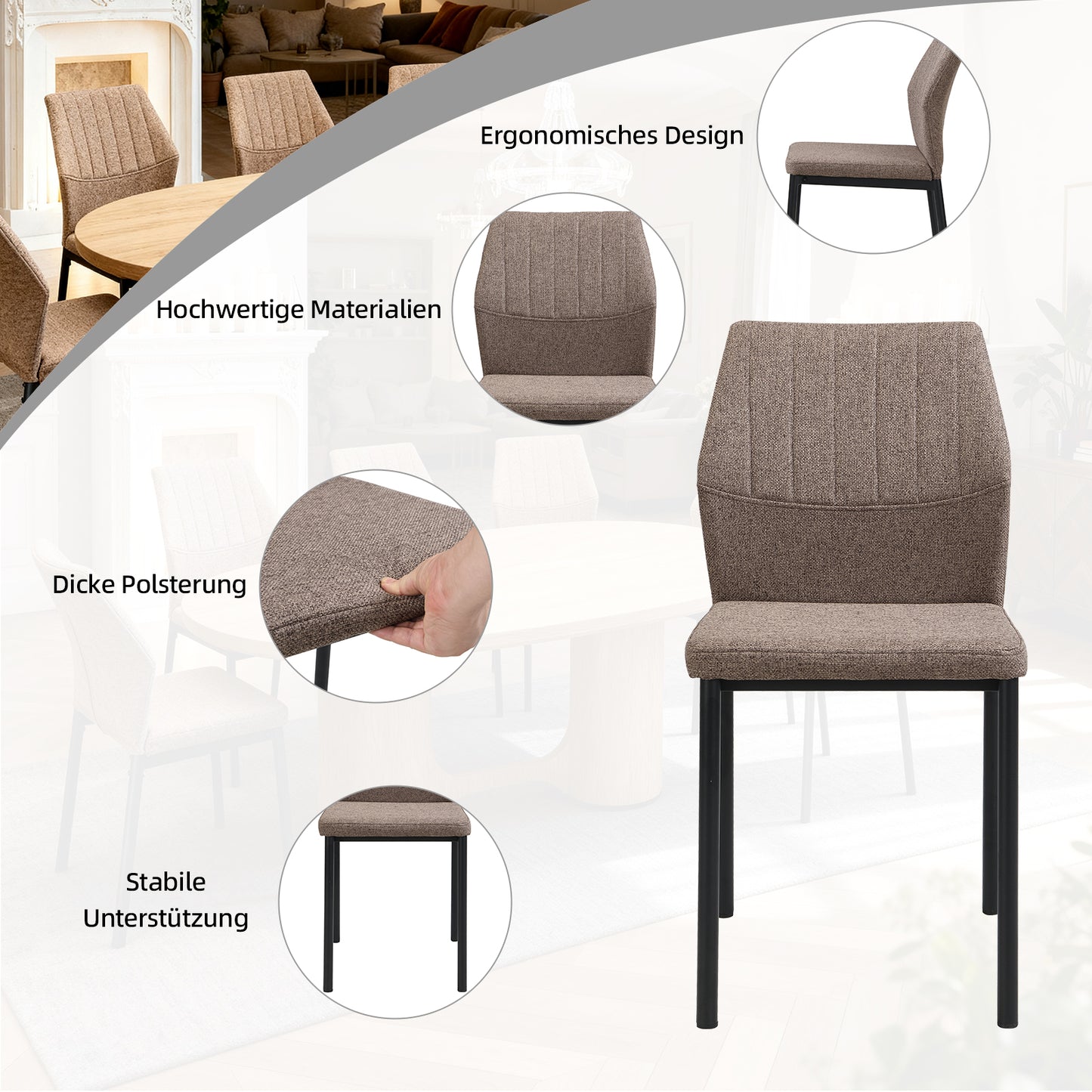 Ergonomic desk chair with contoured backrest and stable metal legs.
Durable dining chair with 150kg weight capacity and rust-resistant frame.