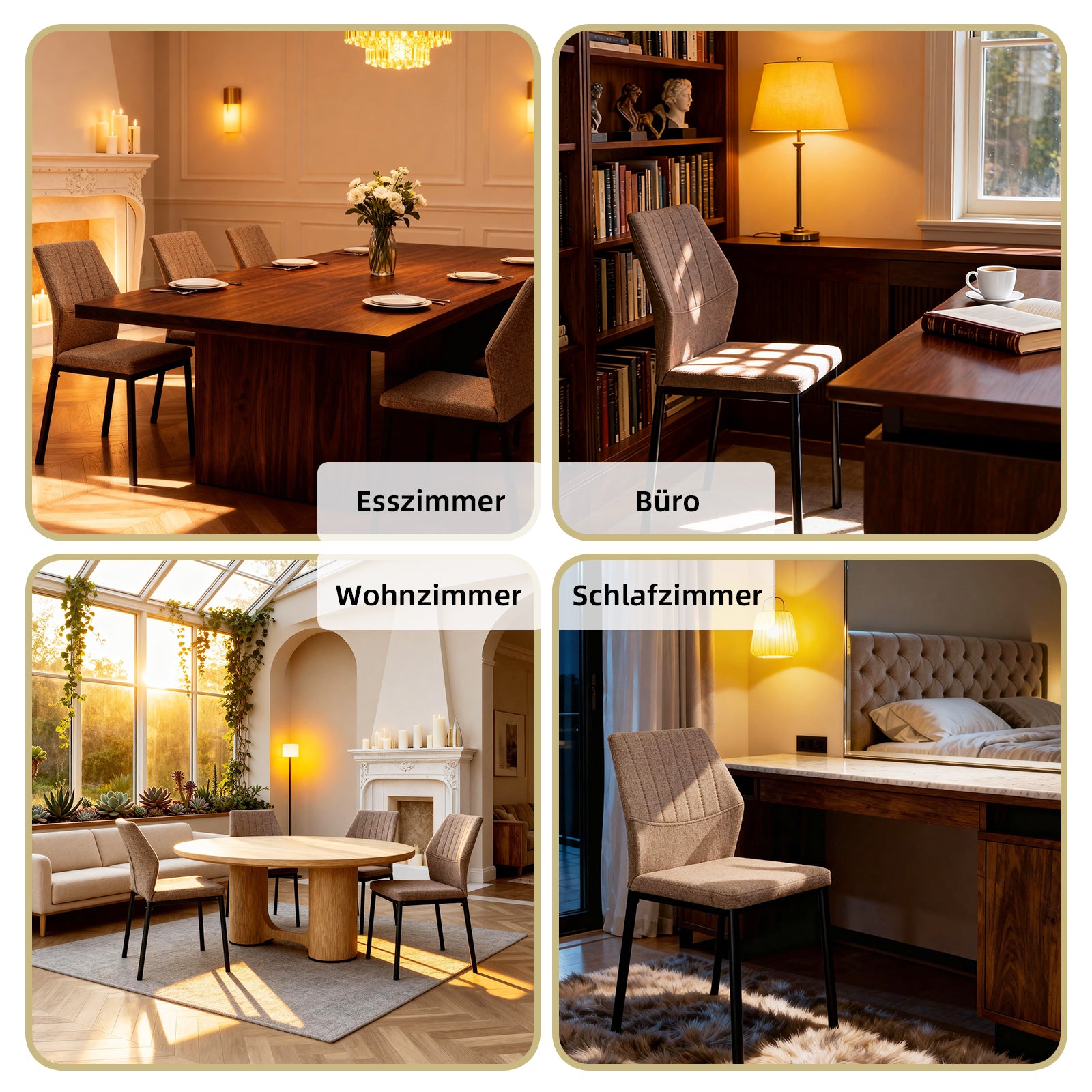 Ergonomic desk chair with contoured backrest and stable metal legs.
Durable dining chair with 150kg weight capacity and rust-resistant frame.