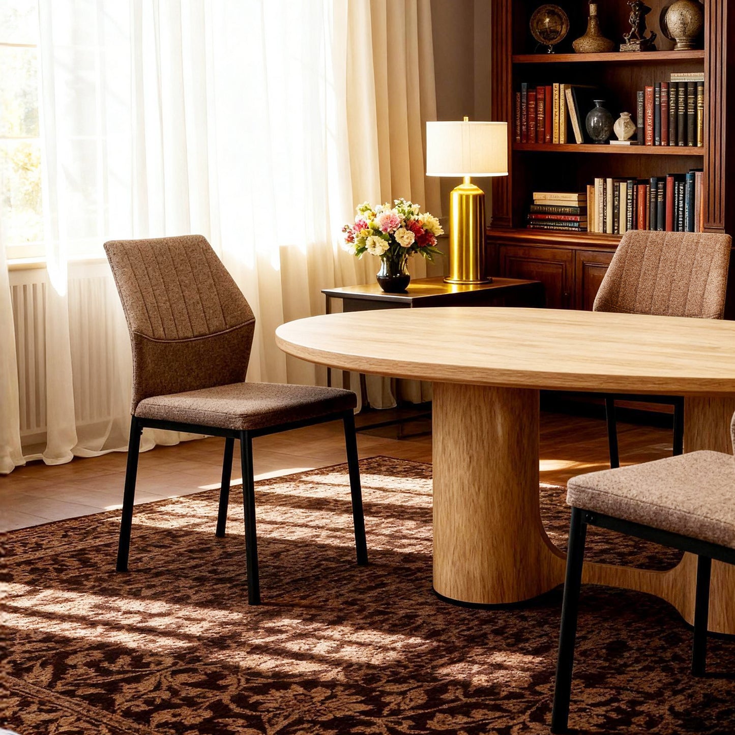 Ergonomic desk chair with contoured backrest and stable metal legs.
Durable dining chair with 150kg weight capacity and rust-resistant frame.