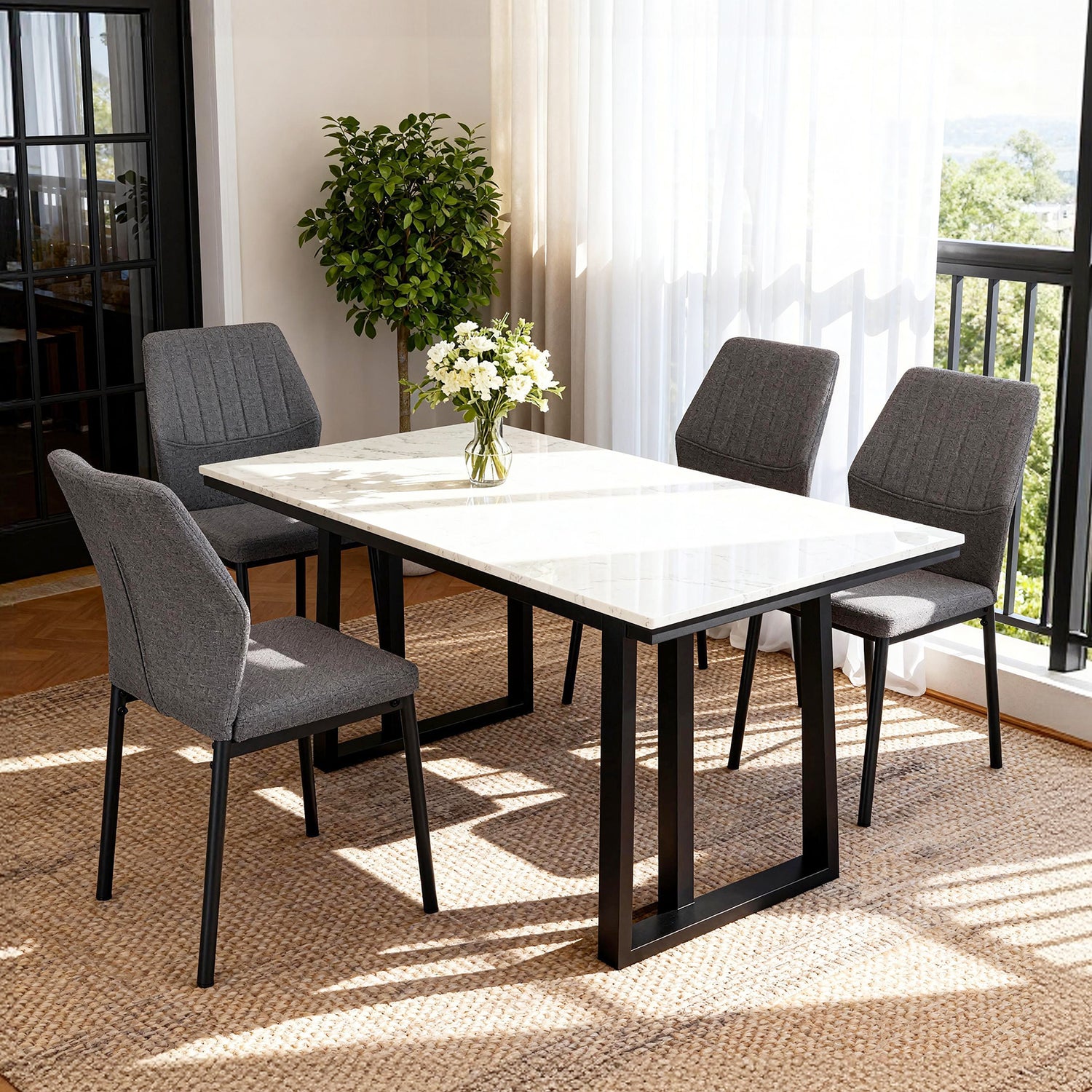 Ergonomic desk chair with contoured backrest and stable metal legs.
Durable dining chair with 150kg weight capacity and rust-resistant frame.