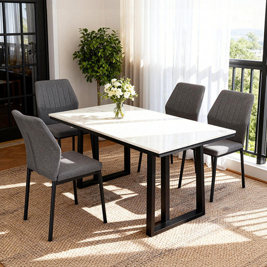 Ergonomic desk chair with contoured backrest and stable metal legs.
Durable dining chair with 150kg weight capacity and rust-resistant frame.