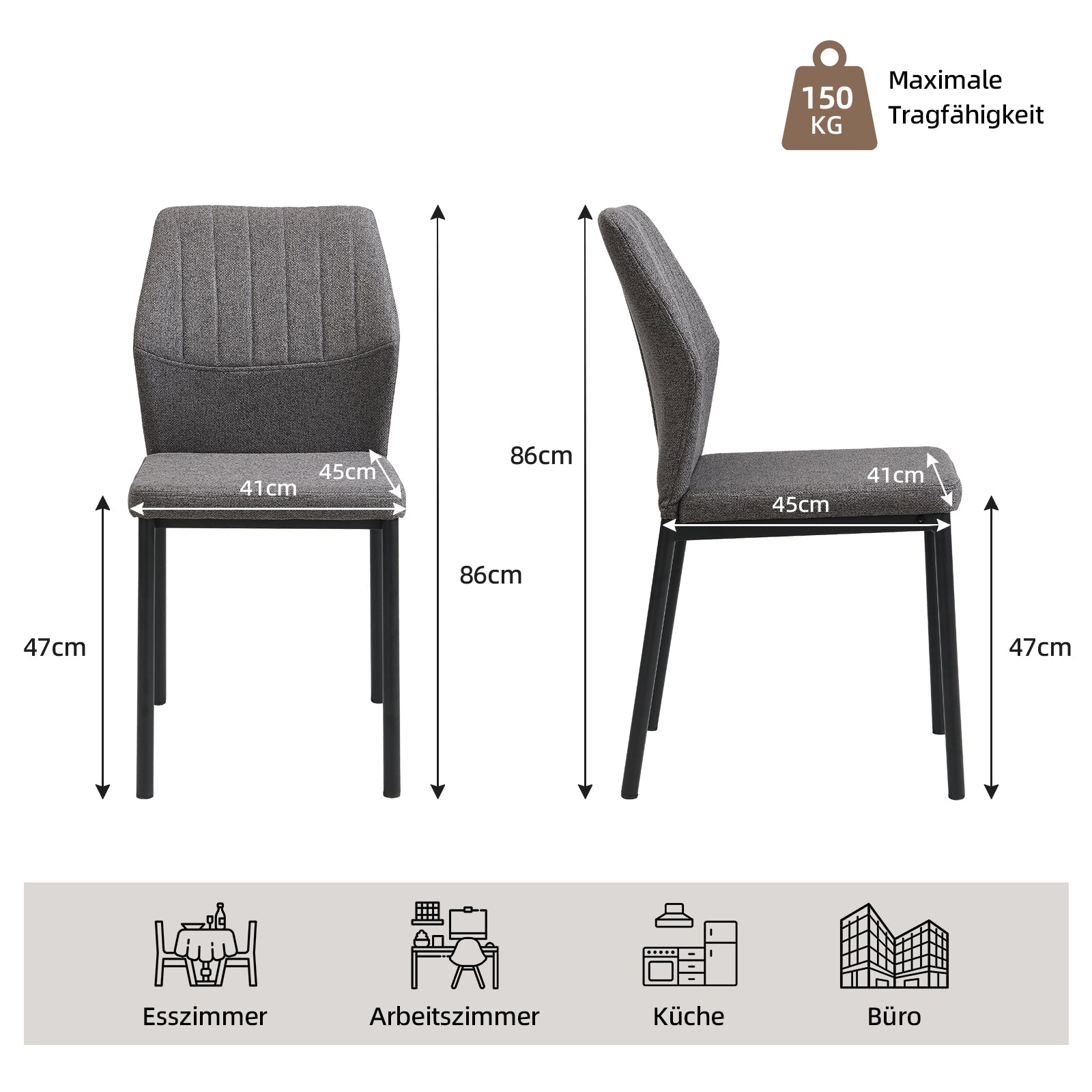 Ergonomic desk chair with contoured backrest and stable metal legs.
Durable dining chair with 150kg weight capacity and rust-resistant frame.