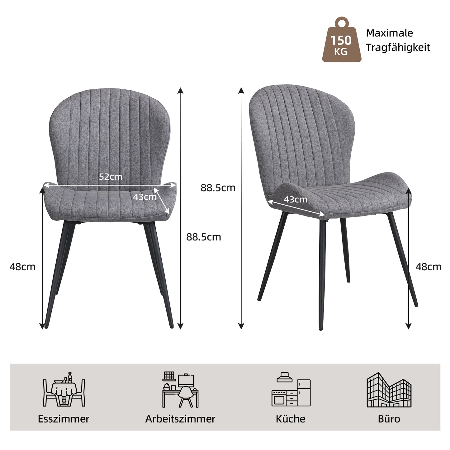 Dining Chairs Set of 2, Modern Dining Room Chairs Comfy Backrest Thick Upholstered Kitchen Chairs with Metal Legs,Gray.