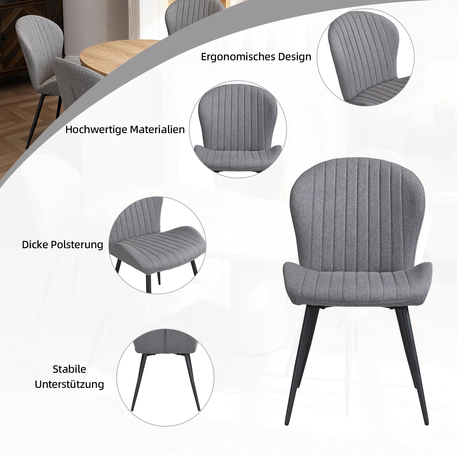 Dining Chairs Set of 2, Modern Dining Room Chairs Comfy Backrest Thick Upholstered Kitchen Chairs with Metal Legs,Gray.