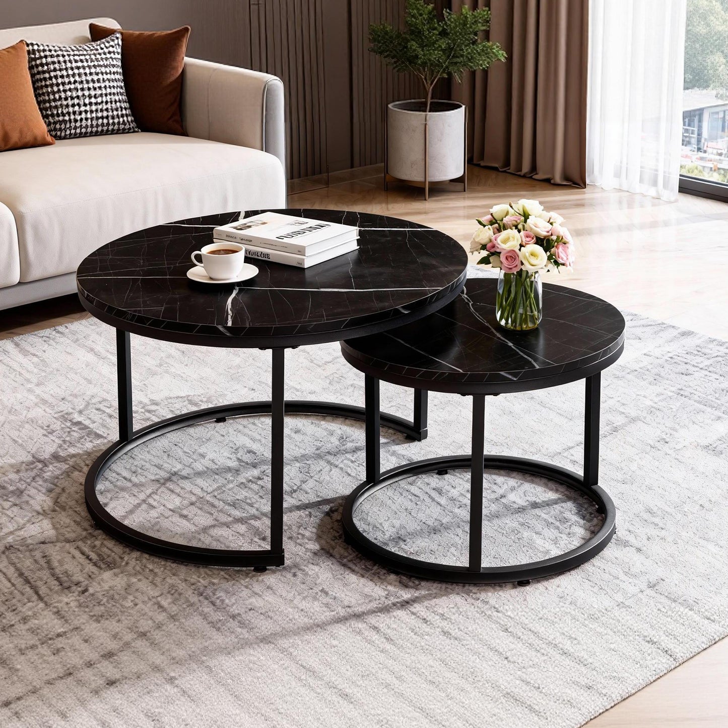 Round Marble Nesting Coffee Tables Black
