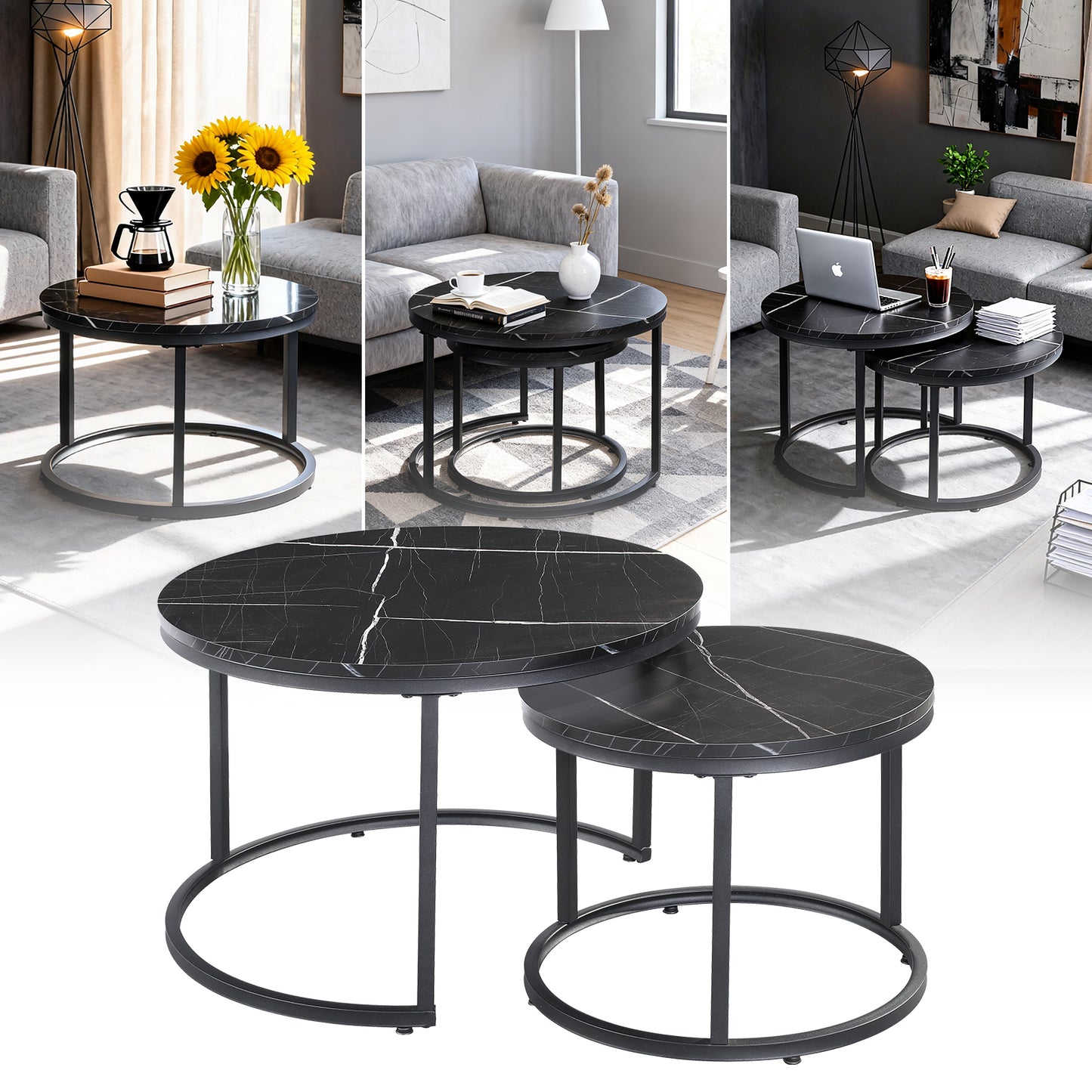 Round Marble Nesting Coffee Tables Black