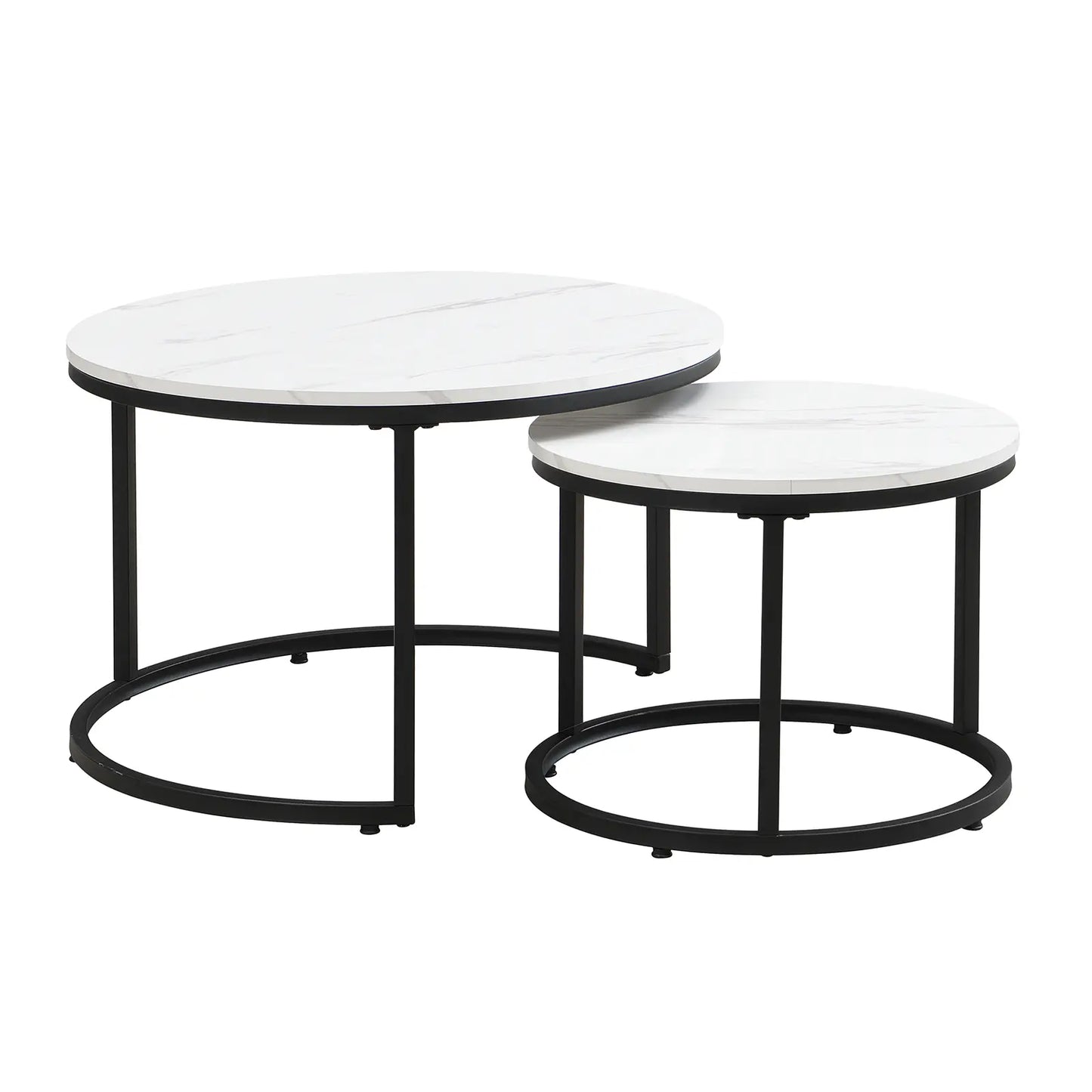 Modern round nesting coffee tables with white marble-look tops and black metal frames, offering flexible layered or separate use for small living spaces.