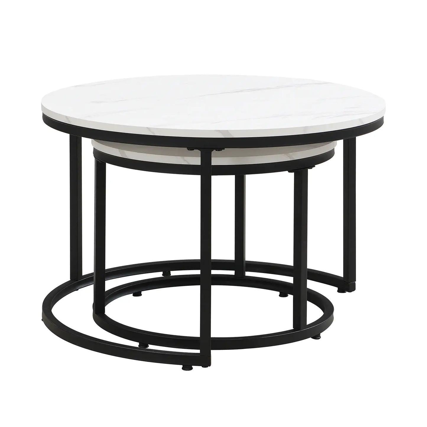 Modern round nesting coffee tables with white marble-look tops and black metal frames, offering flexible layered or separate use for small living spaces.